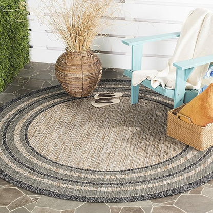 SAFAVIEH Courtyard Collection 4' Round Natural / Black CY8475 Indoor/ Outdoor Patio Backyard Mudroom Area Rug