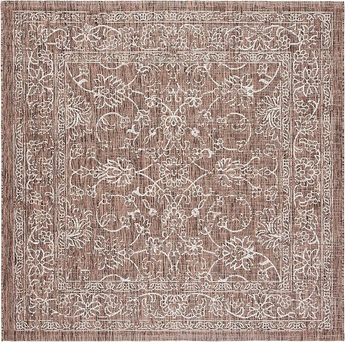 SAFAVIEH Washable Rug Outdoor Courtyard Collection - 6'7" Square, Brown & Ivory, Non-Shedding & Easy Cleaning, Ideal for Patio, Backyard, Mudroom (CY8680-36321)