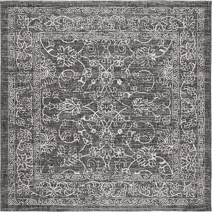 SAFAVIEH Washable Rug Outdoor Courtyard Collection - 6'7" Square, Black & Ivory, Non-Shedding & Easy Cleaning, Ideal for Patio, Backyard, Mudroom (CY8680-36621)