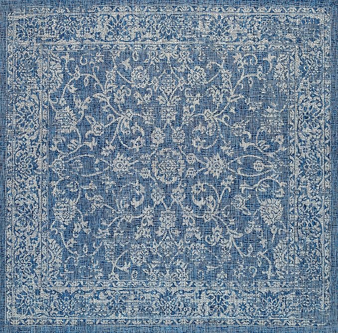 JONATHAN Y Weave Floral Indoor Outdoor Square Area Rug 5X5 Navy/Gray, Tela Bohemian Textured for Backyard, Patio, Porch, Easy-Cleaning, High Traffic, Pet-Friendly, Non-Shedding (SMB100B-5SQ)