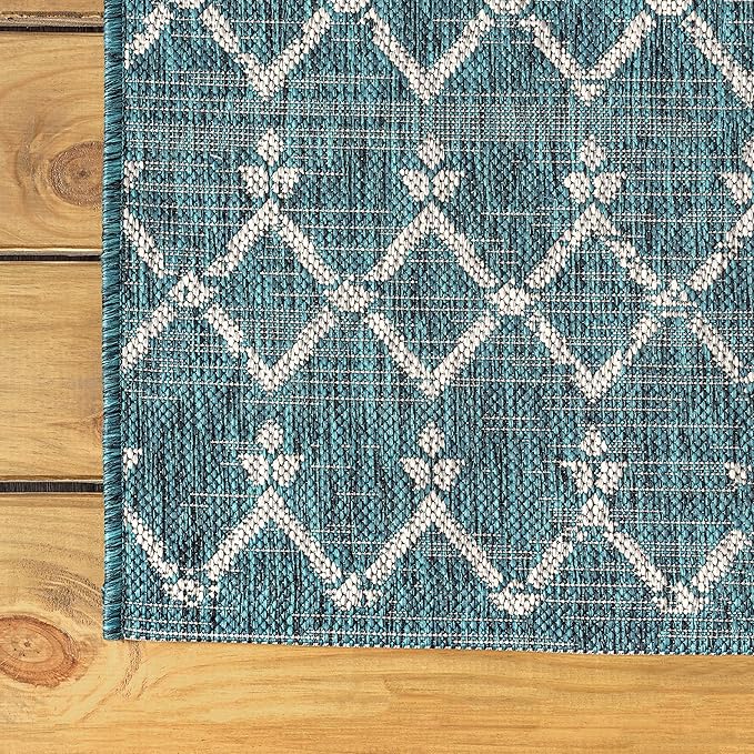JONATHAN Y Moroccan Geometric Indoor Outdoor Runner Rug 2X10 Teal/Gray, Ourika Textured Weave for Backyard, Patio, Porch, Easy-Cleaning, High Traffic, Pet-Friendly, Non-Shedding (SMB108C-210)
