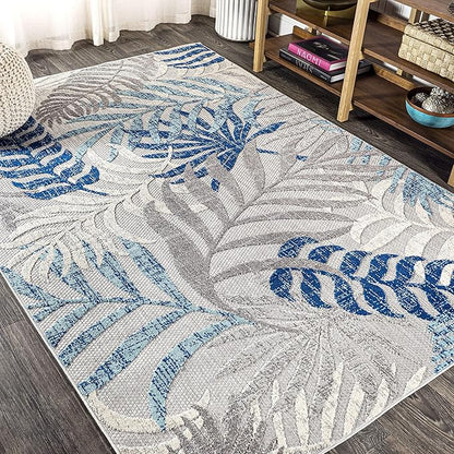 JONATHAN Y Tropics Palm Leaves Indoor Outdoor Area Rug 4X6 Gray/Blue, Boho for Backyard, Patio, Porch, Easy-Cleaning, High Traffic, Pet-Friendly, Non-Shedding (AMC100A-4)