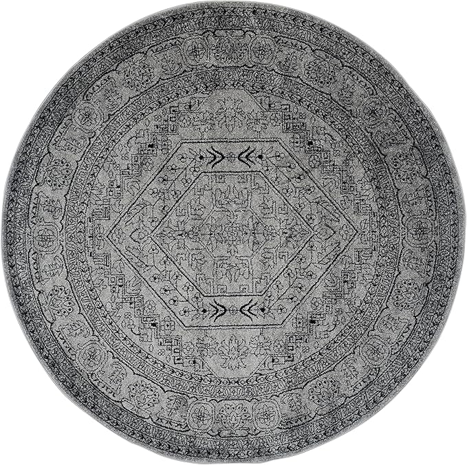 SAFAVIEH Adirondack Collection Area Rug - 8' Round, Silver & Black, Oriental Medallion Design, Non-Shedding & Easy Care, Ideal for High Traffic Areas in Living Room, Bedroom (ADR108A)