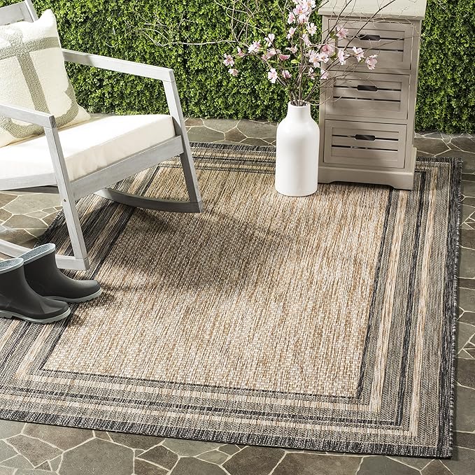 SAFAVIEH Washable Rug Outdoor Courtyard Collection - 4' Square, Natural & Black, Non-Shedding & Easy Cleaning, Ideal for Patio, Backyard, Mudroom (CY8475-37312)