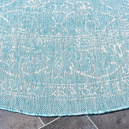 SAFAVIEH Washable Rug Outdoor Courtyard Collection - 5'3" Round, Aqua Blue & Grey, Non-Shedding & Easy Cleaning, Ideal for Patio, Backyard, Mudroom (CY8680-37121)