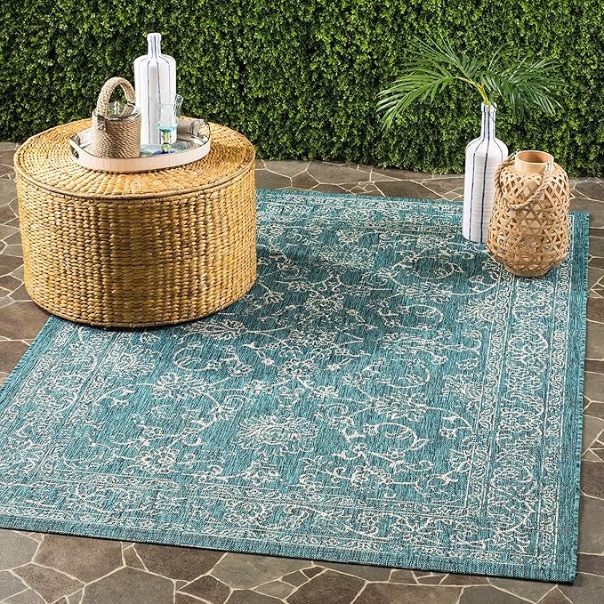 SAFAVIEH Washable Rug Outdoor Courtyard Collection - 5'3" x 7'7", Turquoise, Non-Shedding & Easy Cleaning, Ideal for Patio, Backyard, Mudroom (CY8680-37221)