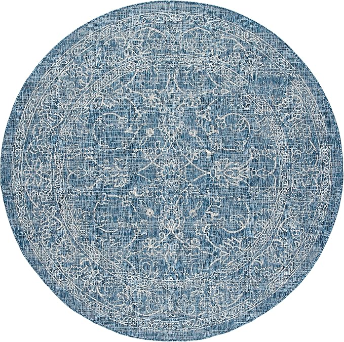 SAFAVIEH Washable Rug Outdoor Courtyard Collection - 6'7" Round, Navy & Ivory, Non-Shedding & Easy Cleaning, Ideal for Patio, Backyard, Mudroom (CY8680-36821)