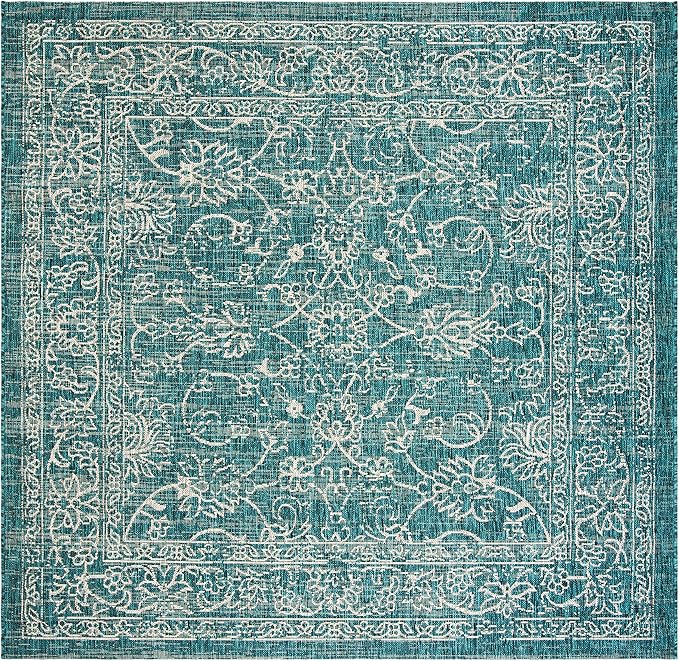 SAFAVIEH Washable Rug Outdoor Courtyard Collection - 9' Square, Turquoise, Non-Shedding & Easy Cleaning, Ideal for Patio, Backyard, Mudroom (CY8680-37221)
