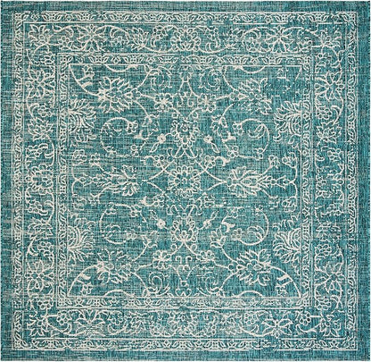 SAFAVIEH Washable Rug Outdoor Courtyard Collection - 7'10" Square, Turquoise, Non-Shedding & Easy Cleaning, Ideal for Patio, Backyard, Mudroom (CY8680-37221)