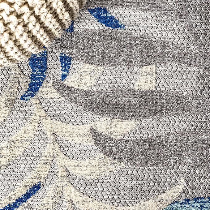 JONATHAN Y Tropics Palm Leaves Indoor Outdoor Area Rug 4X6 Gray/Blue, Boho for Backyard, Patio, Porch, Easy-Cleaning, High Traffic, Pet-Friendly, Non-Shedding (AMC100A-4)