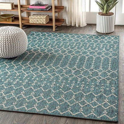 JONATHAN Y Moroccan Geometric Indoor Outdoor Area Rug 10X14 Teal/Gray, Ourika Textured Weave for Backyard, Patio, Porch, Easy-Cleaning, High Traffic, Pet-Friendly, Non-Shedding (SMB108C-14)
