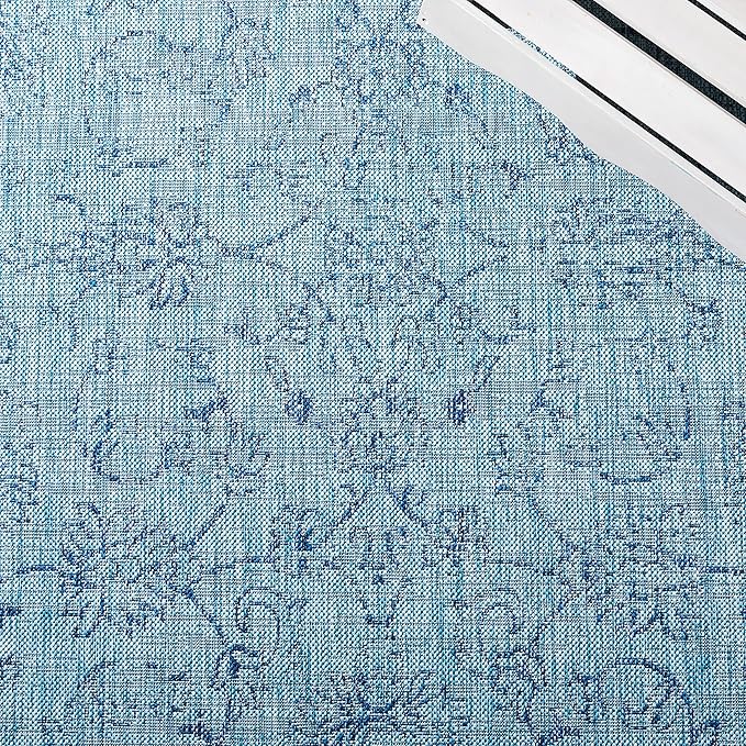 SAFAVIEH Washable Rug Outdoor Courtyard Collection - 6'7" Square, Aqua Blue & Navy, Non-Shedding & Easy Cleaning, Ideal for Patio, Backyard, Mudroom (CY8680-39412)