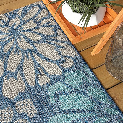 JONATHAN Y Floral Textured Weave Indoor Outdoor Area Rug 5X8 Navy/Aqua, Zinnia Modern for Backyard, Patio, Porch, Easy-Cleaning, High Traffic, Pet-Friendly, Non-Shedding (SMB110C-5)