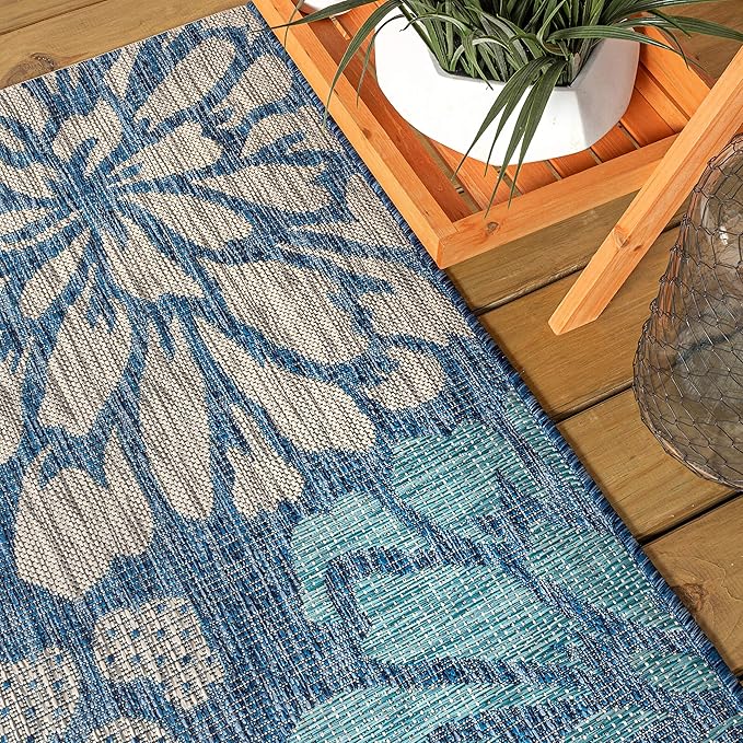 JONATHAN Y Floral Textured Weave Indoor Outdoor Square Area Rug 4X4 Navy/Aqua, Zinnia Modern for Backyard, Patio, Porch, Easy-Cleaning, High Traffic, Pet-Friendly, Non-Shedding (SMB110C-4SQ)
