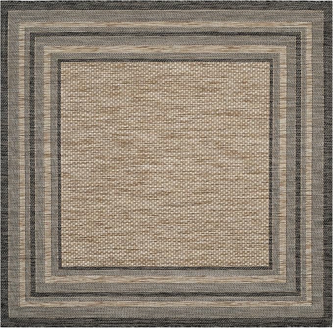 SAFAVIEH Washable Rug Outdoor Courtyard Collection - 9' Square, Natural & Black, Non-Shedding & Easy Cleaning, Ideal for Patio, Backyard, Mudroom (CY8475-37312)