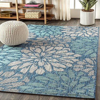 JONATHAN Y Floral Textured Weave Indoor Outdoor Area Rug 5X8 Navy/Aqua, Zinnia Modern for Backyard, Patio, Porch, Easy-Cleaning, High Traffic, Pet-Friendly, Non-Shedding (SMB110C-5)