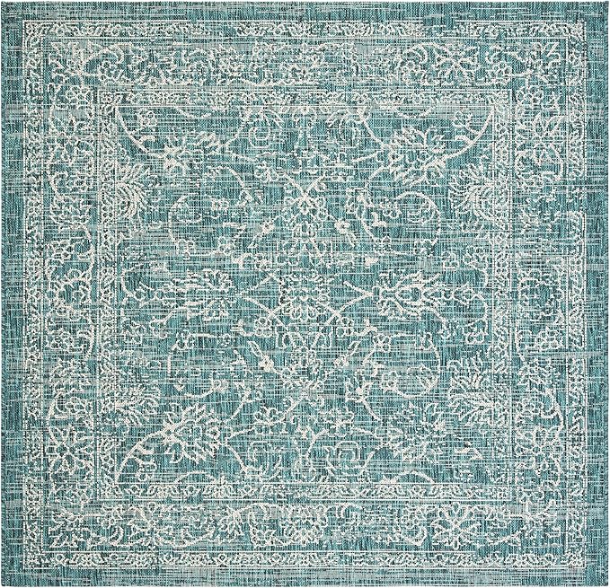 SAFAVIEH Washable Rug Outdoor Courtyard Collection - 5'3" Square, Turquoise, Non-Shedding & Easy Cleaning, Ideal for Patio, Backyard, Mudroom (CY8680-37221)