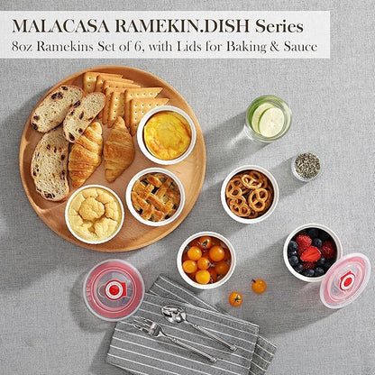MALACASA Ramekins with Lids 8 oz - Set of 6, White Porcelain Creme Brulee Souffle Ramekins with Covers, Ceramic Custard Cups for Baking, Dishwasher and Oven Safe, Series RAMEKIN-DISH