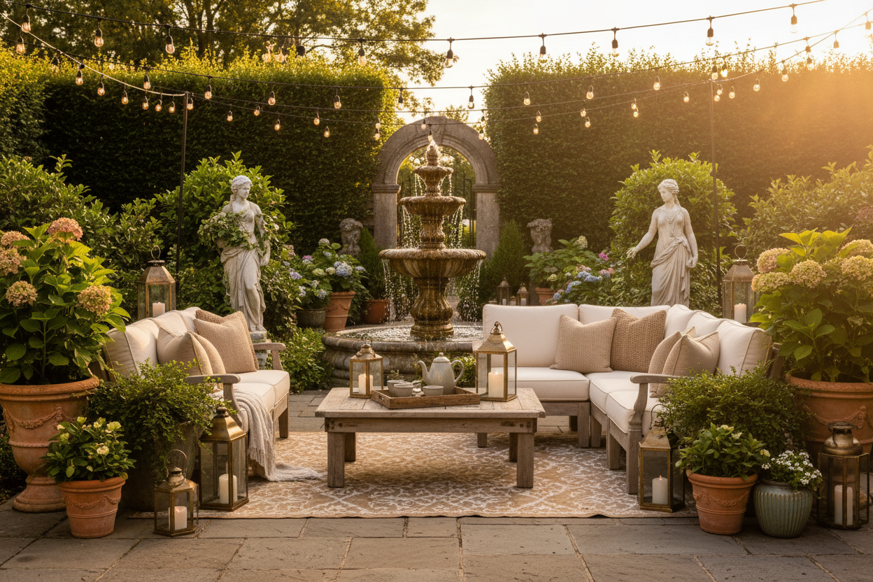 Outdoor Décor: Transform your patio or garden with beautiful lighting, statues, fountains, and decorative accents. (make it real photo)